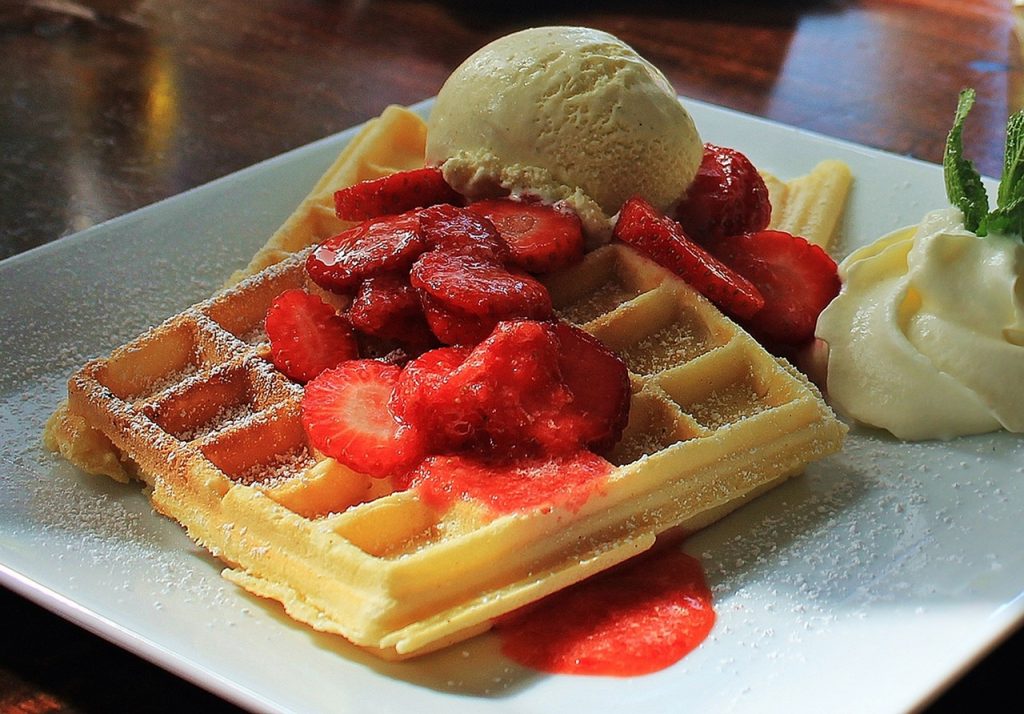waffle, strawberries, cream